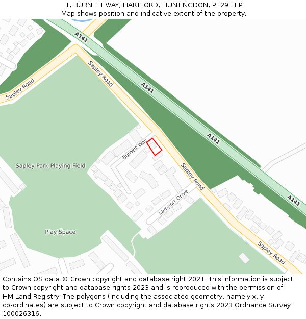 1, BURNETT WAY, HARTFORD, HUNTINGDON, PE29 1EP: Location map and indicative extent of plot