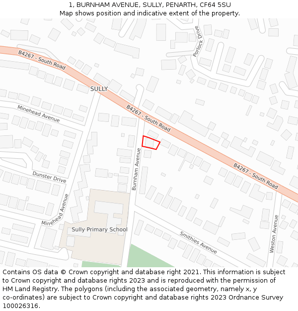 1, BURNHAM AVENUE, SULLY, PENARTH, CF64 5SU: Location map and indicative extent of plot