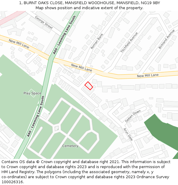 1, BURNT OAKS CLOSE, MANSFIELD WOODHOUSE, MANSFIELD, NG19 9BY: Location map and indicative extent of plot