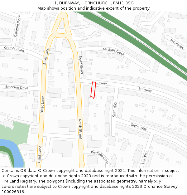 1, BURNWAY, HORNCHURCH, RM11 3SG: Location map and indicative extent of plot