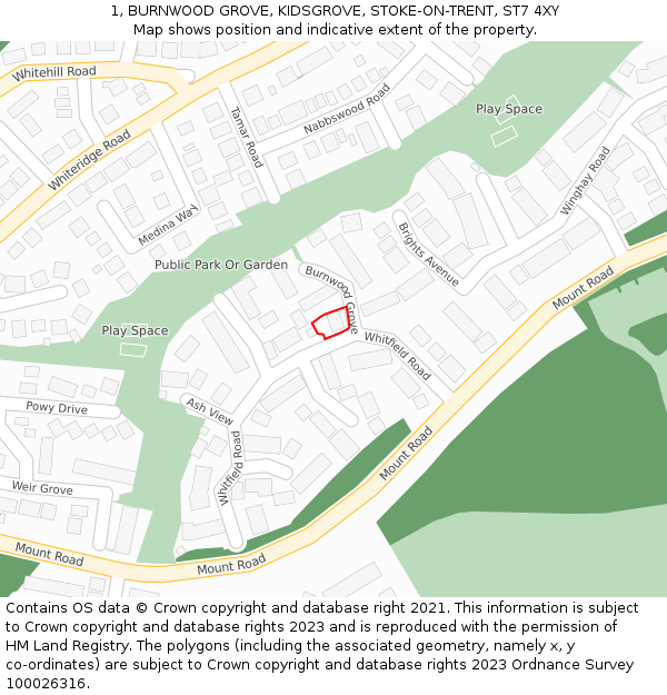 1, BURNWOOD GROVE, KIDSGROVE, STOKE-ON-TRENT, ST7 4XY: Location map and indicative extent of plot