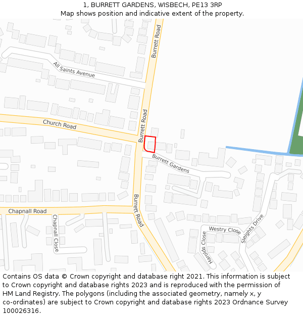 1, BURRETT GARDENS, WISBECH, PE13 3RP: Location map and indicative extent of plot