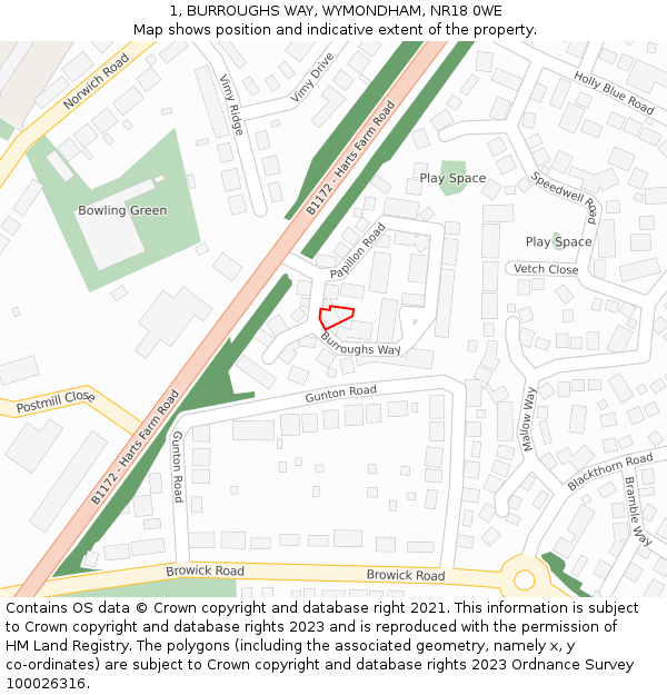 1, BURROUGHS WAY, WYMONDHAM, NR18 0WE: Location map and indicative extent of plot