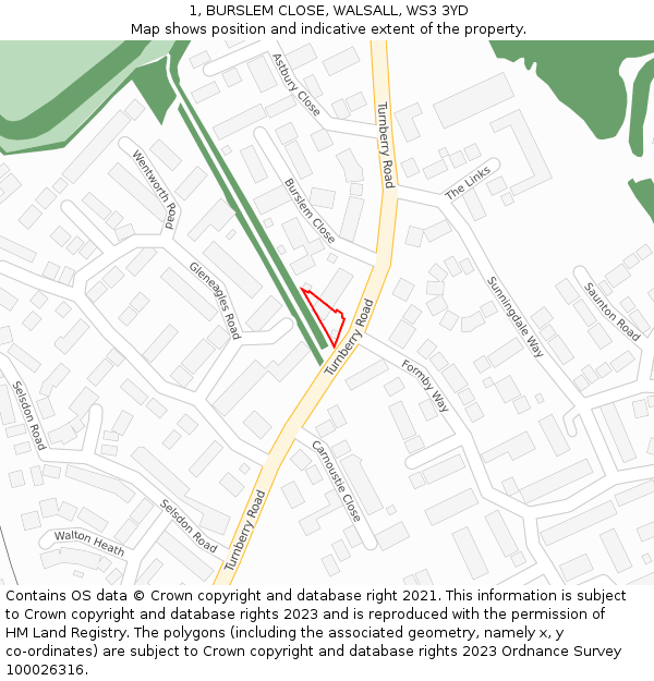 1, BURSLEM CLOSE, WALSALL, WS3 3YD: Location map and indicative extent of plot