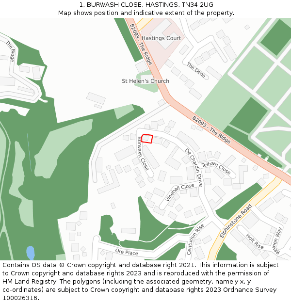 1, BURWASH CLOSE, HASTINGS, TN34 2UG: Location map and indicative extent of plot