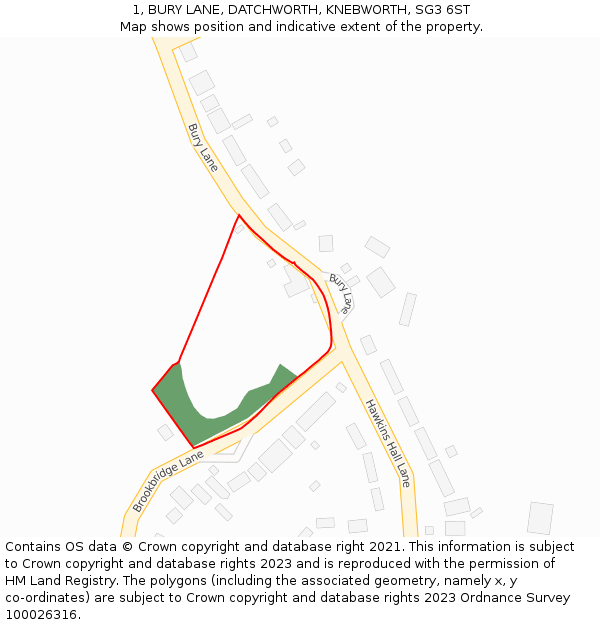 1, BURY LANE, DATCHWORTH, KNEBWORTH, SG3 6ST: Location map and indicative extent of plot