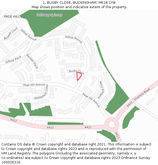 1, BUSBY CLOSE, BUCKINGHAM, MK18 1YW: Location map and indicative extent of plot
