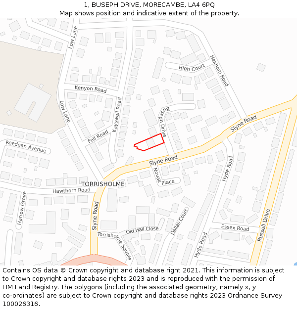 1, BUSEPH DRIVE, MORECAMBE, LA4 6PQ: Location map and indicative extent of plot