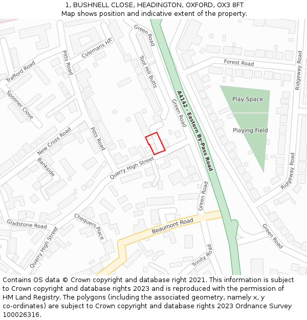 1, BUSHNELL CLOSE, HEADINGTON, OXFORD, OX3 8FT: Location map and indicative extent of plot