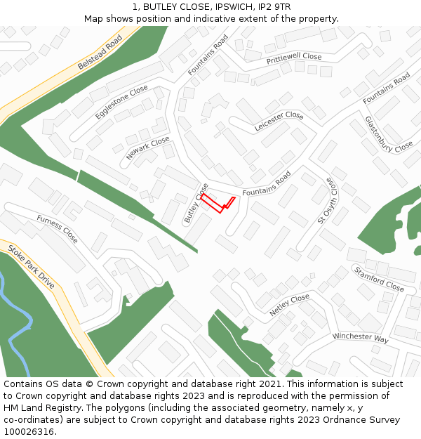 1, BUTLEY CLOSE, IPSWICH, IP2 9TR: Location map and indicative extent of plot