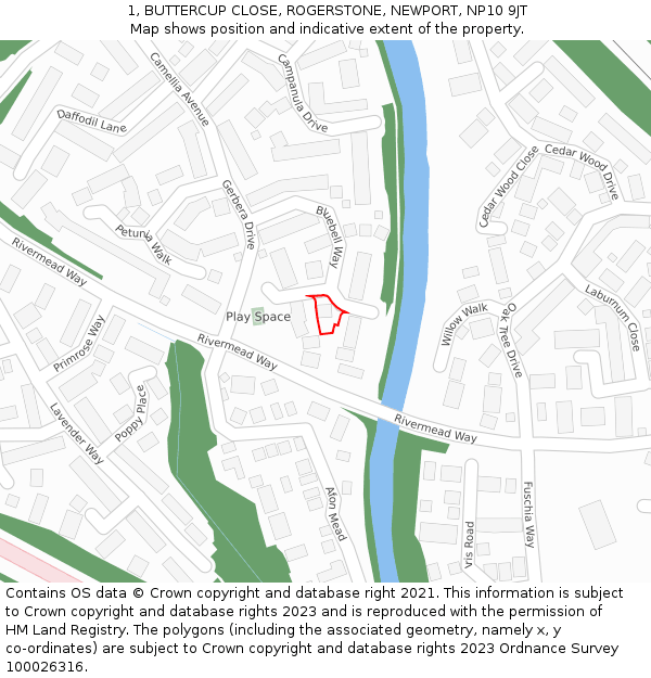 1, BUTTERCUP CLOSE, ROGERSTONE, NEWPORT, NP10 9JT: Location map and indicative extent of plot