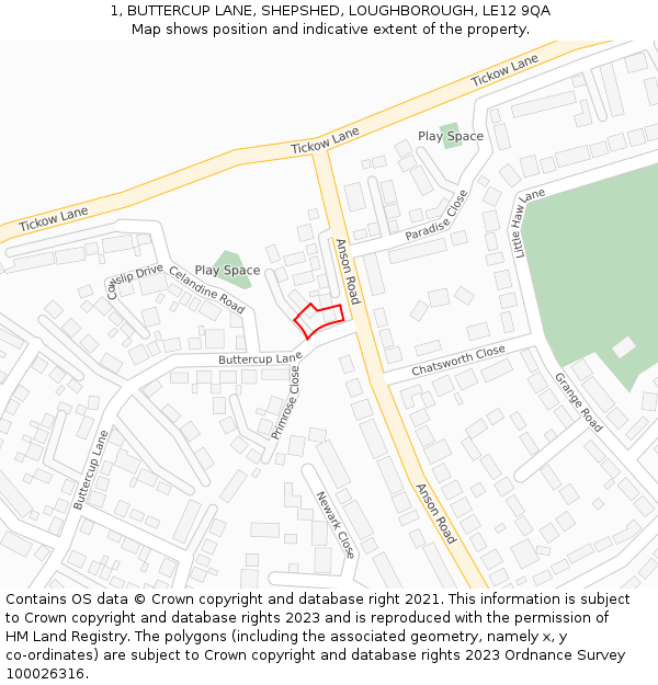 1, BUTTERCUP LANE, SHEPSHED, LOUGHBOROUGH, LE12 9QA: Location map and indicative extent of plot