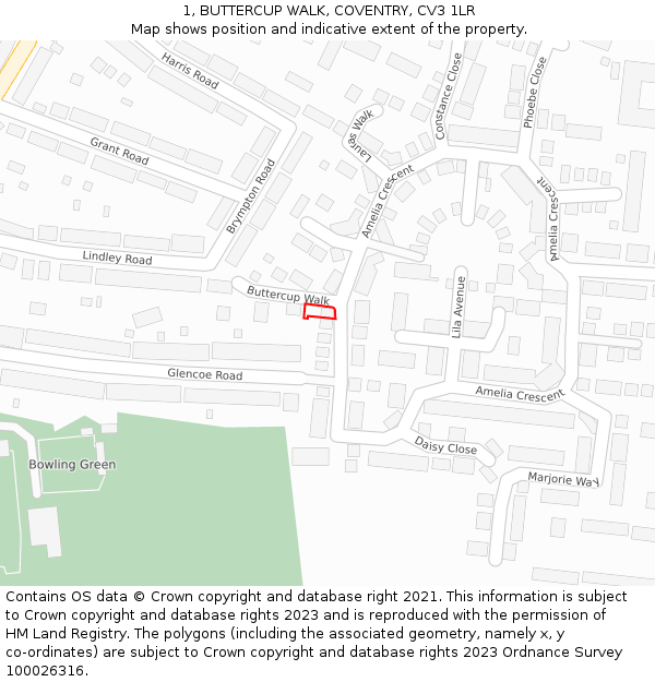 1, BUTTERCUP WALK, COVENTRY, CV3 1LR: Location map and indicative extent of plot