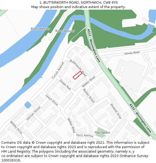 1, BUTTERWORTH ROAD, NORTHWICH, CW8 4YS: Location map and indicative extent of plot