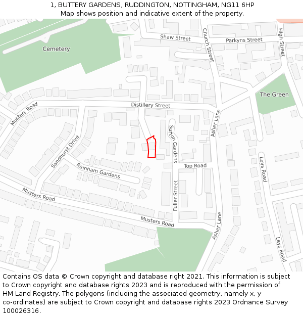 1, BUTTERY GARDENS, RUDDINGTON, NOTTINGHAM, NG11 6HP: Location map and indicative extent of plot