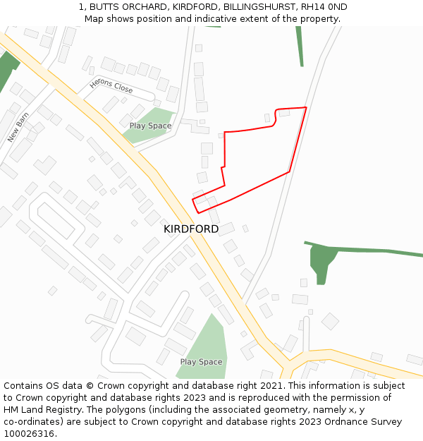 1, BUTTS ORCHARD, KIRDFORD, BILLINGSHURST, RH14 0ND: Location map and indicative extent of plot