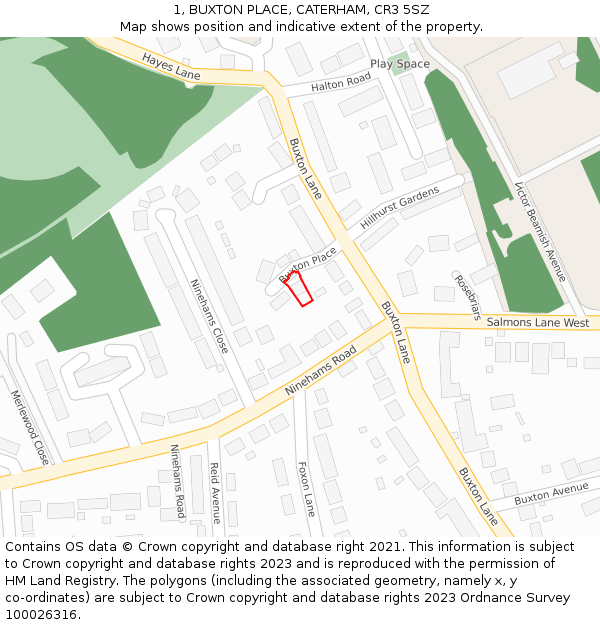 1, BUXTON PLACE, CATERHAM, CR3 5SZ: Location map and indicative extent of plot