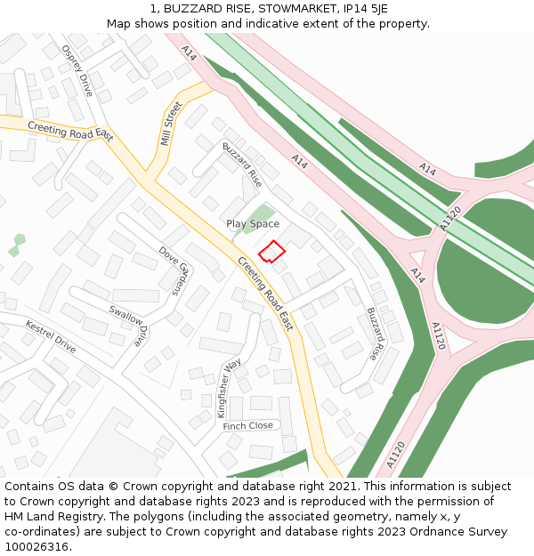 1, BUZZARD RISE, STOWMARKET, IP14 5JE: Location map and indicative extent of plot
