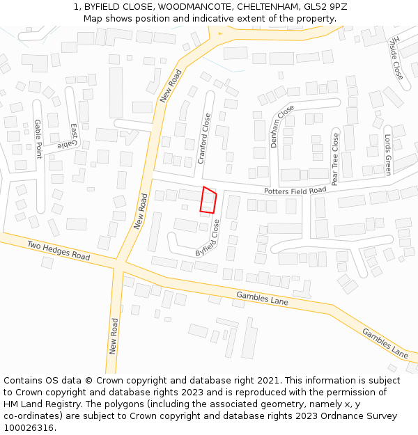 1, BYFIELD CLOSE, WOODMANCOTE, CHELTENHAM, GL52 9PZ: Location map and indicative extent of plot