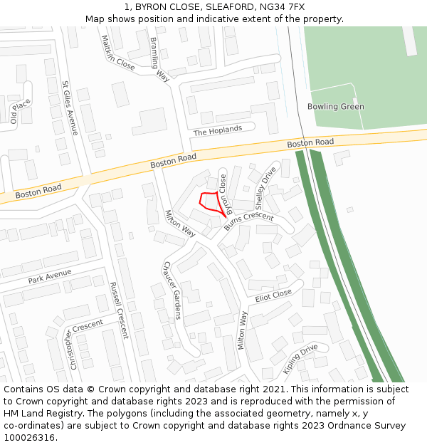 1, BYRON CLOSE, SLEAFORD, NG34 7FX: Location map and indicative extent of plot