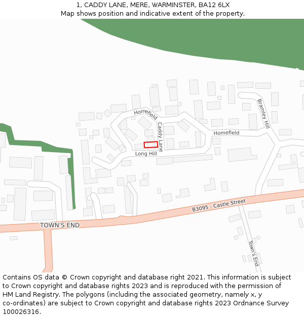 1, CADDY LANE, MERE, WARMINSTER, BA12 6LX: Location map and indicative extent of plot