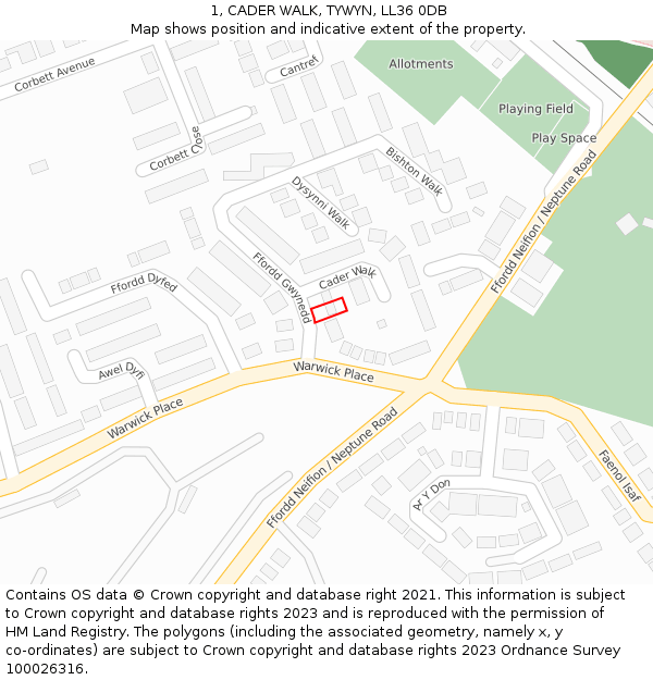 1, CADER WALK, TYWYN, LL36 0DB: Location map and indicative extent of plot