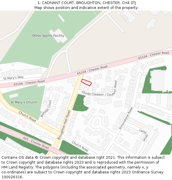 1, CADNANT COURT, BROUGHTON, CHESTER, CH4 0TJ: Location map and indicative extent of plot