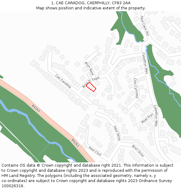 1, CAE CARADOG, CAERPHILLY, CF83 2AA: Location map and indicative extent of plot