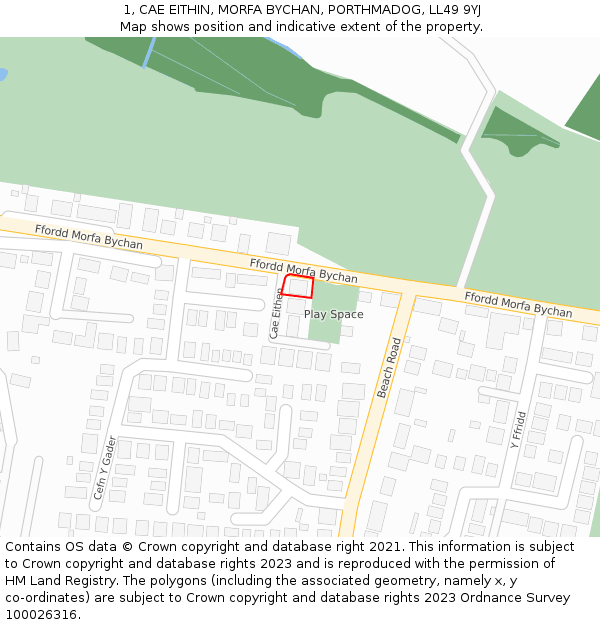 1, CAE EITHIN, MORFA BYCHAN, PORTHMADOG, LL49 9YJ: Location map and indicative extent of plot