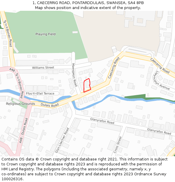 1, CAECERRIG ROAD, PONTARDDULAIS, SWANSEA, SA4 8PB: Location map and indicative extent of plot