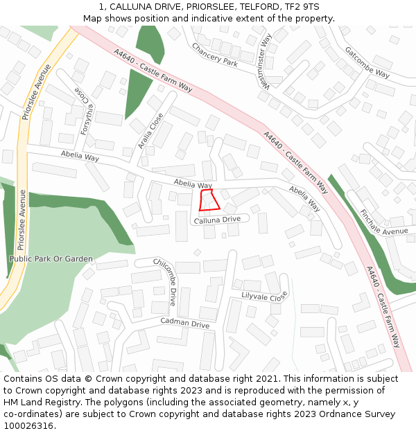 1, CALLUNA DRIVE, PRIORSLEE, TELFORD, TF2 9TS: Location map and indicative extent of plot