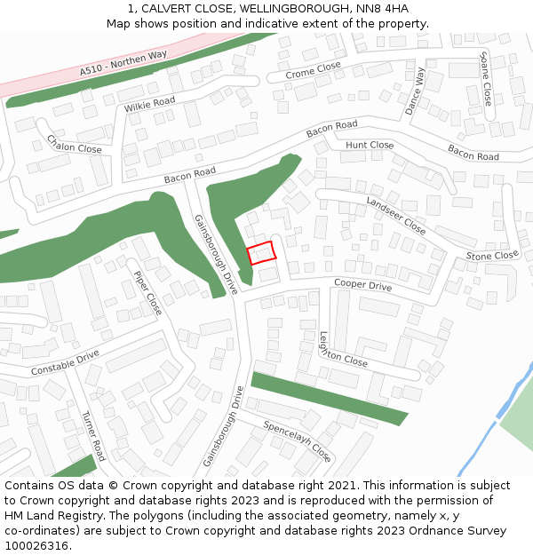 1, CALVERT CLOSE, WELLINGBOROUGH, NN8 4HA: Location map and indicative extent of plot