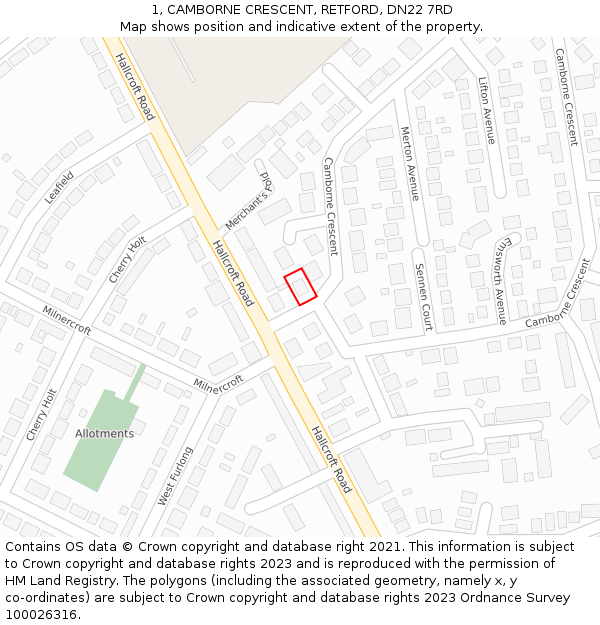 1, CAMBORNE CRESCENT, RETFORD, DN22 7RD: Location map and indicative extent of plot
