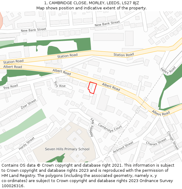 1, CAMBRIDGE CLOSE, MORLEY, LEEDS, LS27 8JZ: Location map and indicative extent of plot