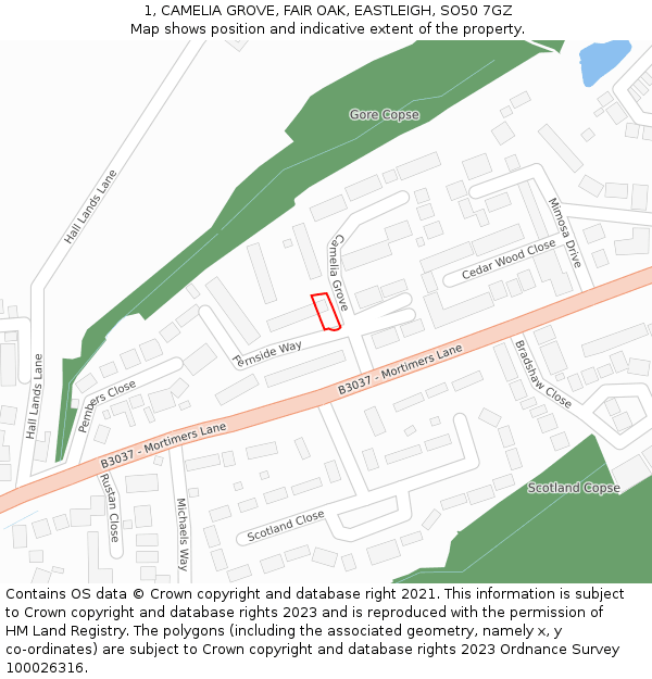 1, CAMELIA GROVE, FAIR OAK, EASTLEIGH, SO50 7GZ: Location map and indicative extent of plot