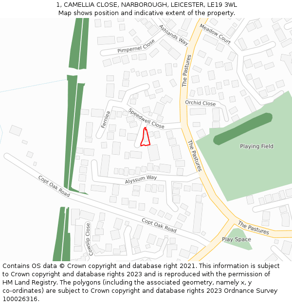 1, CAMELLIA CLOSE, NARBOROUGH, LEICESTER, LE19 3WL: Location map and indicative extent of plot