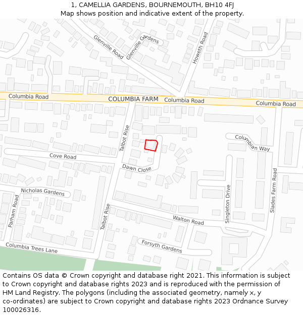 1, CAMELLIA GARDENS, BOURNEMOUTH, BH10 4FJ: Location map and indicative extent of plot