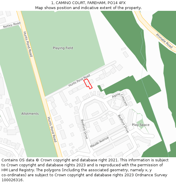 1, CAMINO COURT, FAREHAM, PO14 4FX: Location map and indicative extent of plot