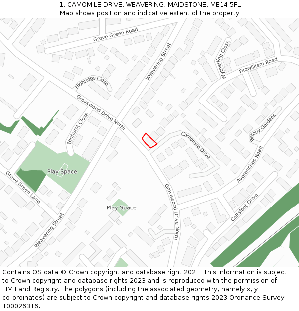 1, CAMOMILE DRIVE, WEAVERING, MAIDSTONE, ME14 5FL: Location map and indicative extent of plot