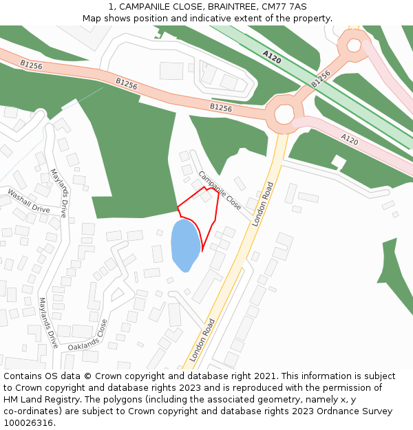 1, CAMPANILE CLOSE, BRAINTREE, CM77 7AS: Location map and indicative extent of plot
