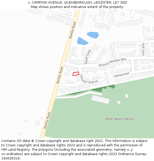 1, CAMPION AVENUE, QUENIBOROUGH, LEICESTER, LE7 3GD: Location map and indicative extent of plot