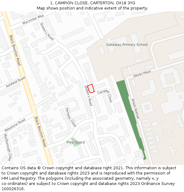 1, CAMPION CLOSE, CARTERTON, OX18 3YG: Location map and indicative extent of plot