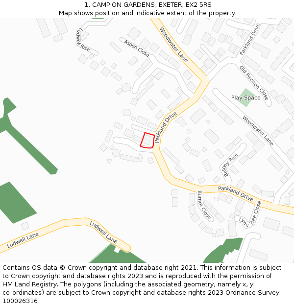 1, CAMPION GARDENS, EXETER, EX2 5RS: Location map and indicative extent of plot