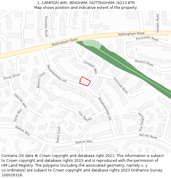 1, CAMPION WAY, BINGHAM, NOTTINGHAM, NG13 8TR: Location map and indicative extent of plot