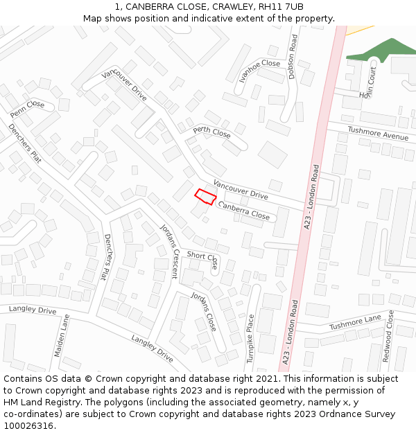 1, CANBERRA CLOSE, CRAWLEY, RH11 7UB: Location map and indicative extent of plot