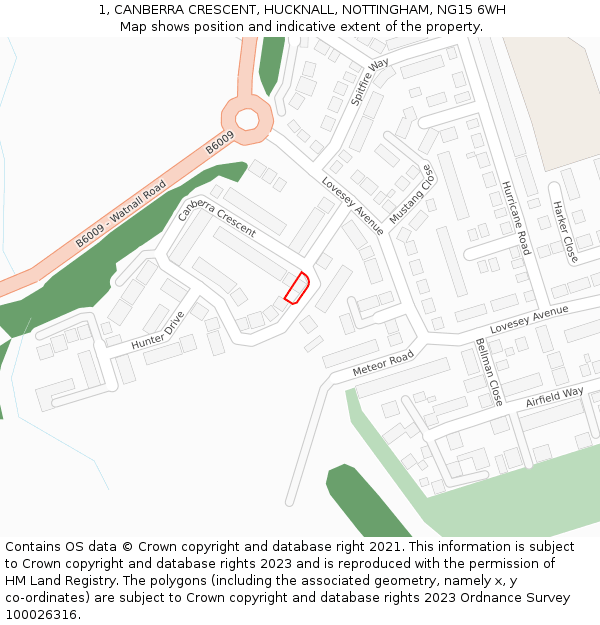 1, CANBERRA CRESCENT, HUCKNALL, NOTTINGHAM, NG15 6WH: Location map and indicative extent of plot