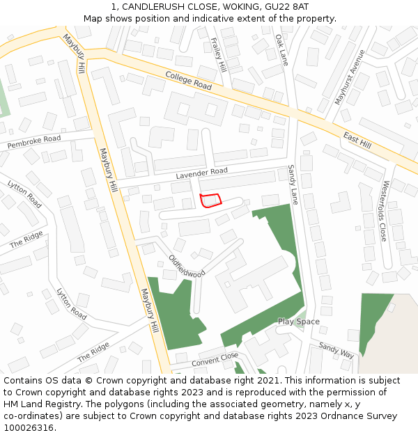 1, CANDLERUSH CLOSE, WOKING, GU22 8AT: Location map and indicative extent of plot