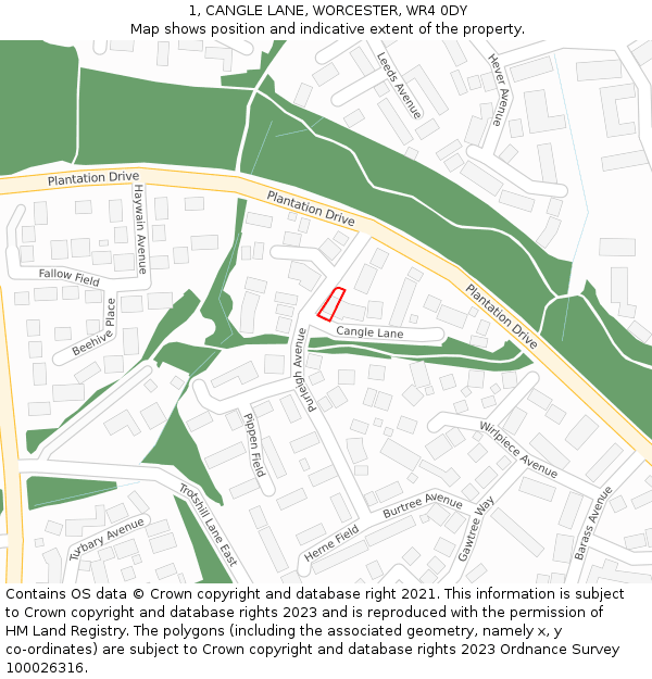 1, CANGLE LANE, WORCESTER, WR4 0DY: Location map and indicative extent of plot
