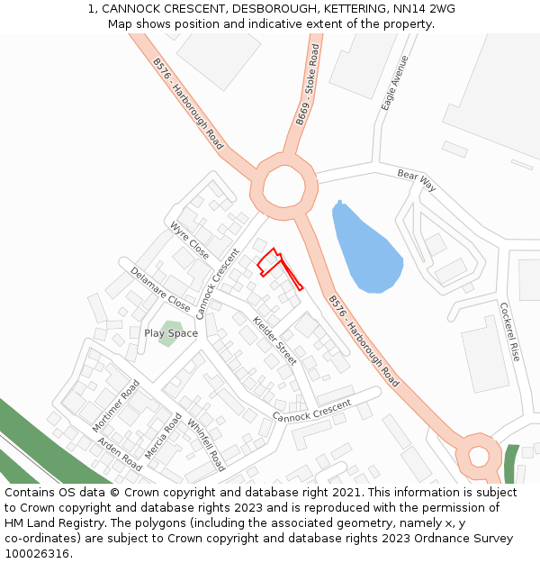 1, CANNOCK CRESCENT, DESBOROUGH, KETTERING, NN14 2WG: Location map and indicative extent of plot