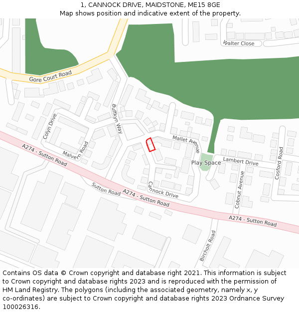 1, CANNOCK DRIVE, MAIDSTONE, ME15 8GE: Location map and indicative extent of plot